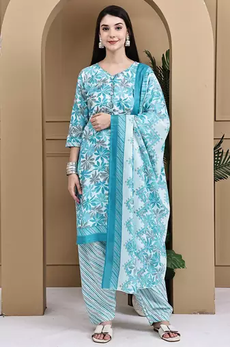 Turquoise & white cotton blend printed ready to wear patiala salwar suit