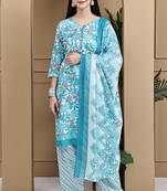 Turquoise & white cotton blend printed ready to wear patiala salwar suit