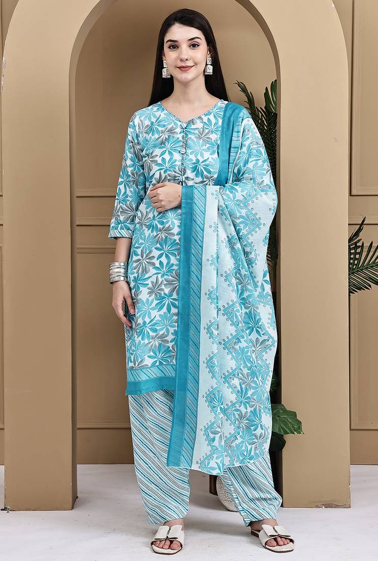 Turquoise & white cotton blend printed ready to wear patiala salwar suit
