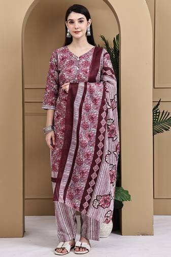 Wine cotton blend printed ready to wear patiala salwar suit