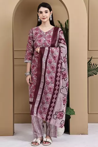 Wine cotton blend printed ready to wear patiala salwar suit
