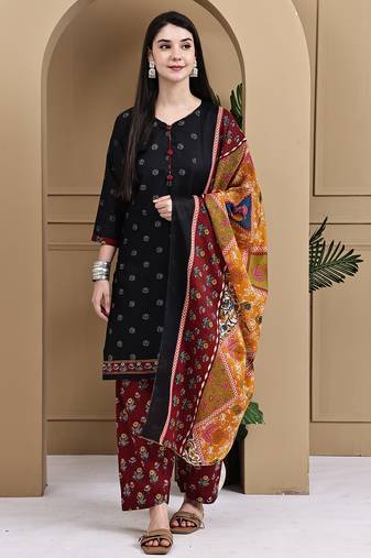 Black cotton blend printed ready to wear patiala salwar suit