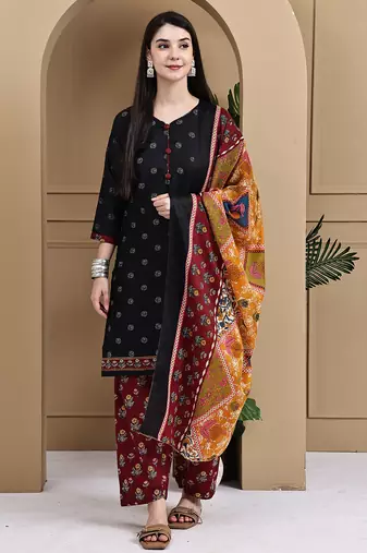 Black cotton blend printed ready to wear patiala salwar suit