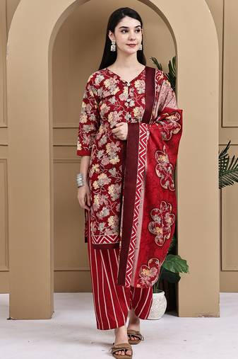 Red cotton blend printed ready to wear patiala salwar suit