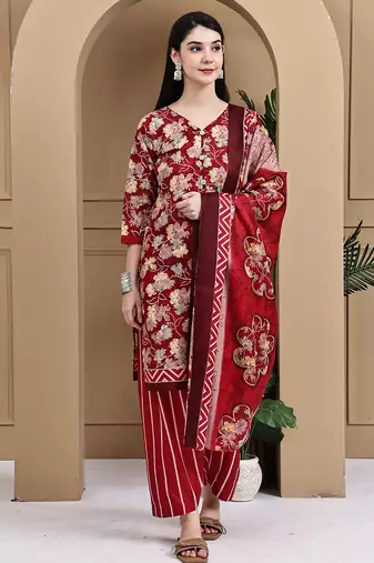 Red cotton blend printed ready to wear patiala salwar suit