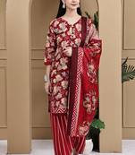 Red cotton blend printed ready to wear patiala salwar suit