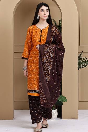 Orange cotton blend printed ready to wear patiala salwar suit