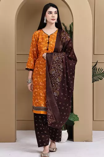 Orange cotton blend printed ready to wear patiala salwar suit