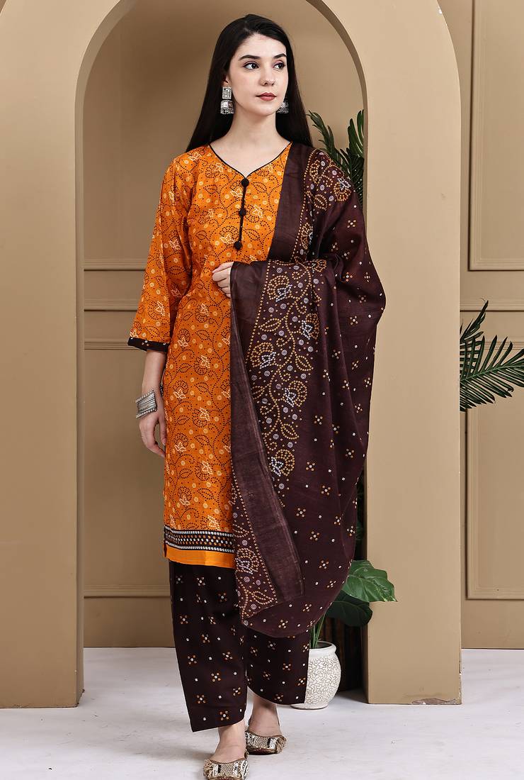 Orange cotton blend printed ready to wear patiala salwar suit