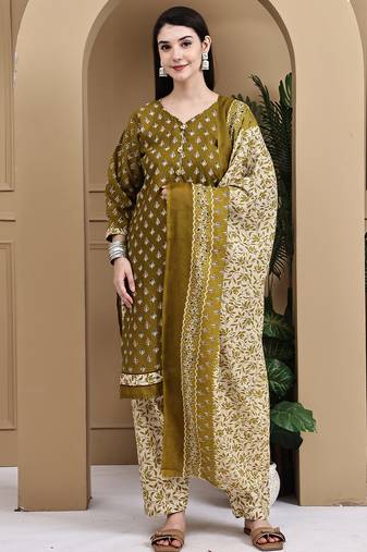 Green cotton blend printed ready to wear patiala salwar suit