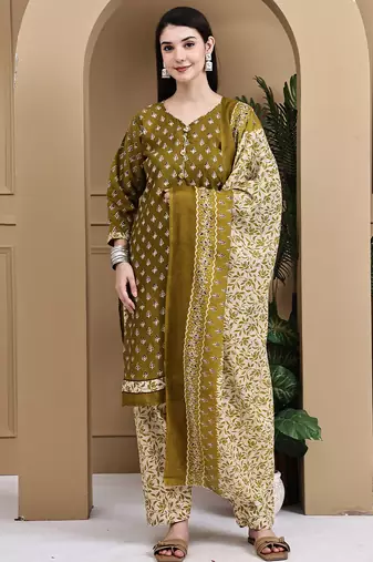 Green cotton blend printed ready to wear patiala salwar suit
