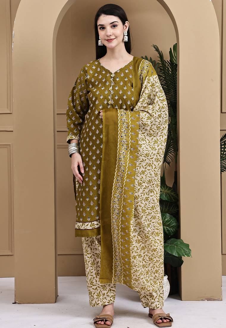 Green cotton blend printed ready to wear patiala salwar suit
