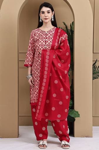 Beige & pink cotton blend printed ready to wear patiala salwar suit