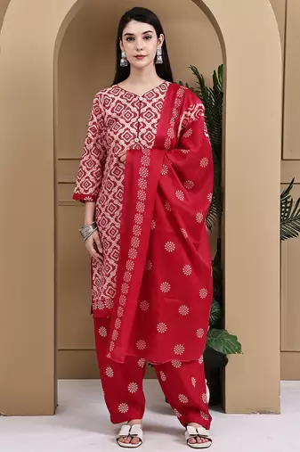Beige & pink cotton blend printed ready to wear patiala salwar suit