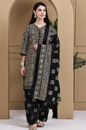 Beige & black cotton blend printed ready to wear patiala salwar suit
