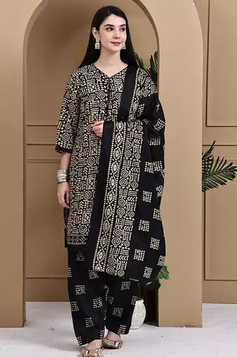 Beige & black cotton blend printed ready to wear patiala salwar suit