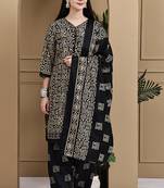 Beige & black cotton blend printed ready to wear patiala salwar suit