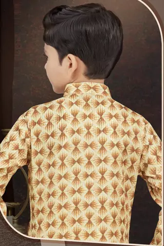 Yellow rayon degital printed kurta and silk dupion pajama for kids