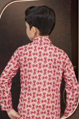 Red rayon degital printed kurta and silk dupion pajama for kids