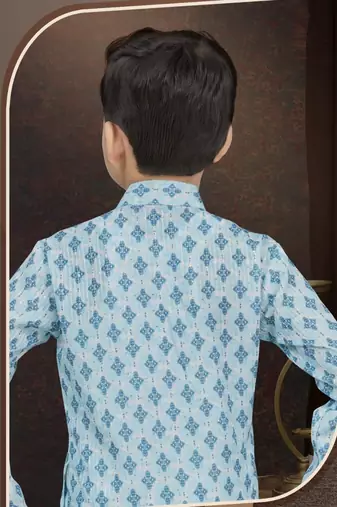 Blue rayon degital printed kurta and silk dupion pajama for kids