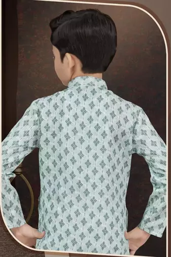 Green rayon degital printed kurta and silk dupion pajama for kids