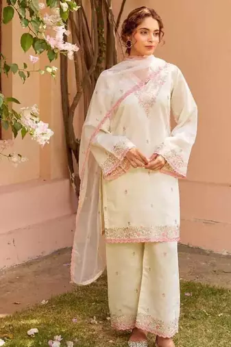 White Chanderi Kurta Set with Pink Embroidery Detailing