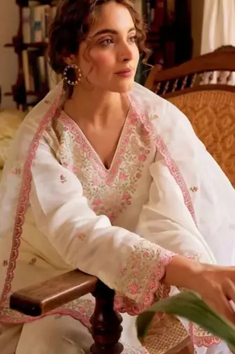 White Chanderi Kurta Set with Pink Embroidery Detailing