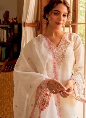 White Chanderi Kurta Set with Pink Embroidery Detailing 3