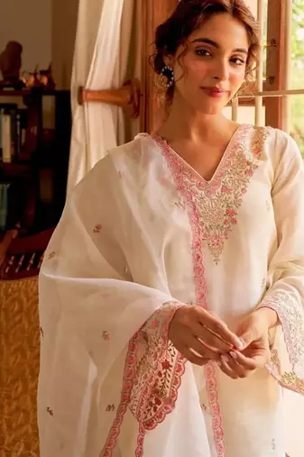 White Chanderi Kurta Set with Pink Embroidery Detailing