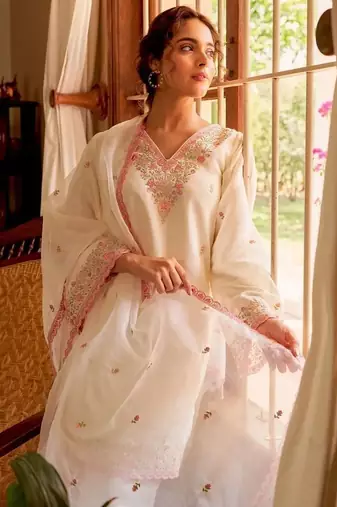 White Chanderi Kurta Set with Pink Embroidery Detailing