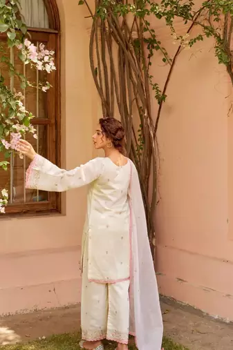 White Chanderi Kurta Set with Pink Embroidery Detailing
