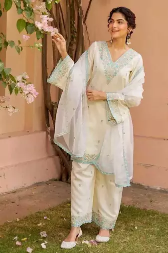 Elegant White Chanderi Kurta Set with Soft Blue Embroidery Accents