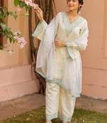 Elegant White Chanderi Kurta Set with Soft Blue Embroidery Accents