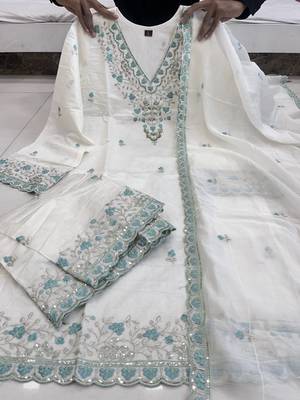 Elegant White Chanderi Kurta Set with Soft Blue Embroidery Accents 4