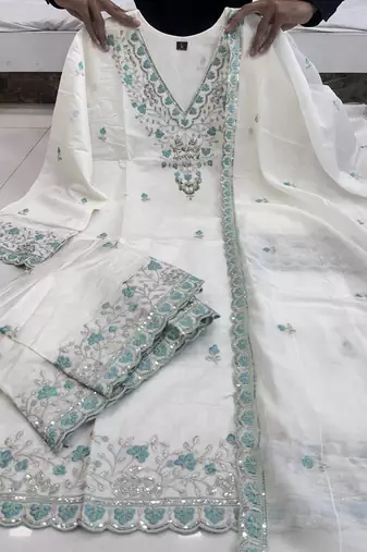 Elegant White Chanderi Kurta Set with Soft Blue Embroidery Accents