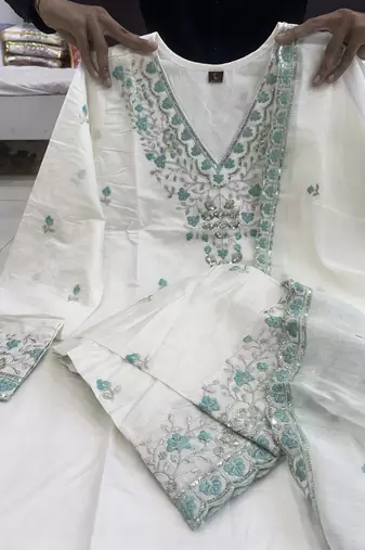 Elegant White Chanderi Kurta Set with Soft Blue Embroidery Accents