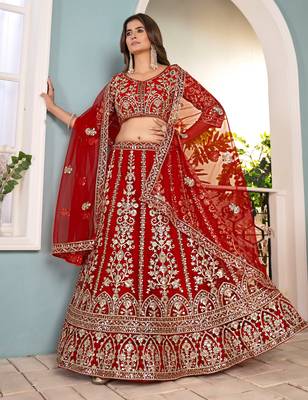 RED embroidered sequin net lehenga choli 1