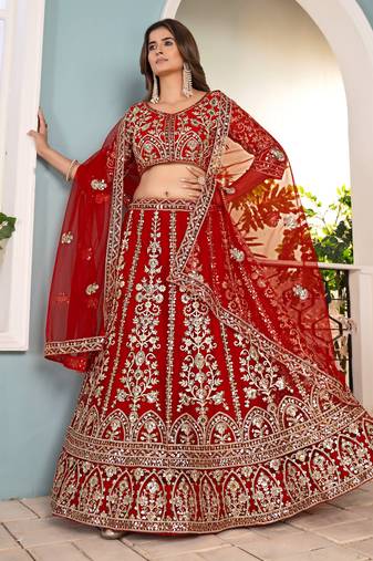 RED embroidered sequin net lehenga choli