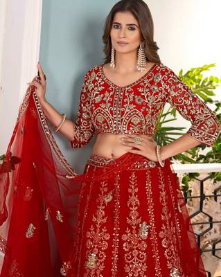 RED embroidered sequin net lehenga choli 5