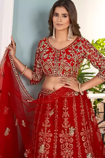 RED embroidered sequin net lehenga choli
