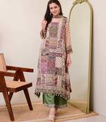 Multicolor Patchwork Printed Chinon Kurta Set with Green Pants and Dupatta
