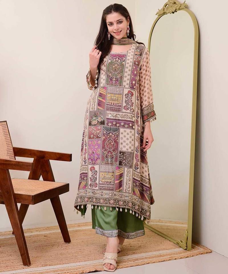 Multicolor Patchwork Printed Chinon Kurta Set with Green Pants and Dupatta