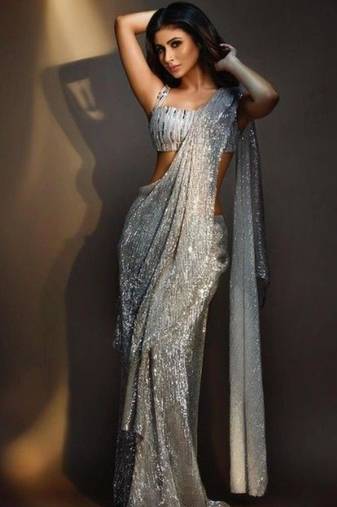 Grey Georgette Sequin Work Bollywood Style Saree