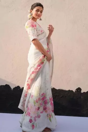 Ethnic White Colour Printed Linen Saree