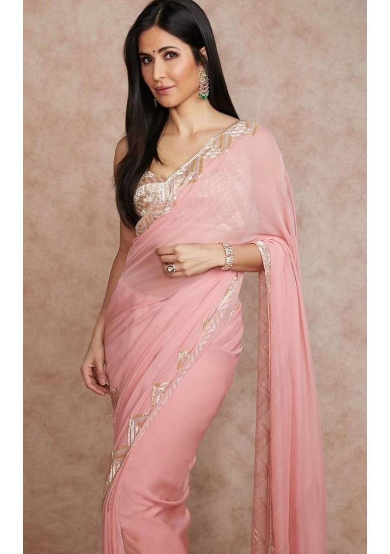 Pink Georgette Floral Zari Embroidered Saree