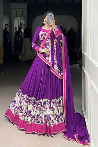 purple Pure Rayon Printed Chaniya Choli with Mirror Handwork & Lace Detailing