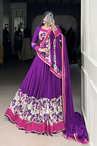 purple Pure Rayon Printed Chaniya Choli with Mirror Handwork & Lace Detailing