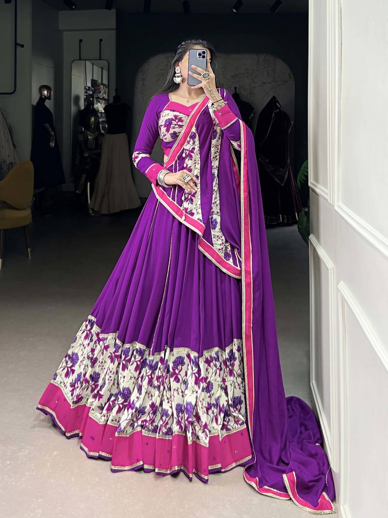 purple Pure Rayon Printed Chaniya Choli with Mirror Handwork & Lace Detailing