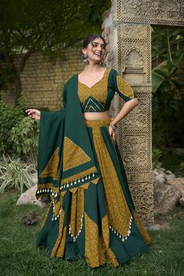 green Pure Cotton Chaniya Choli with Cowrie Lace Accents 1