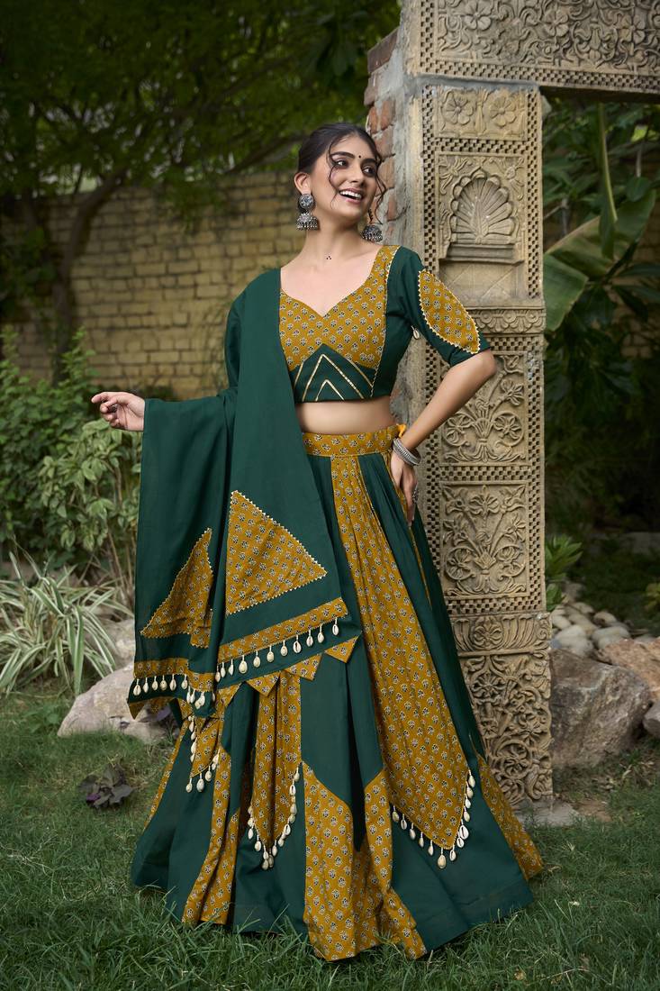 green Pure Cotton Chaniya Choli with Cowrie Lace Accents